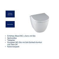 Design Wandtiefspül WC erhöht 5cm spülrandlos mit Sitz softclose Absenkautomatik weiß